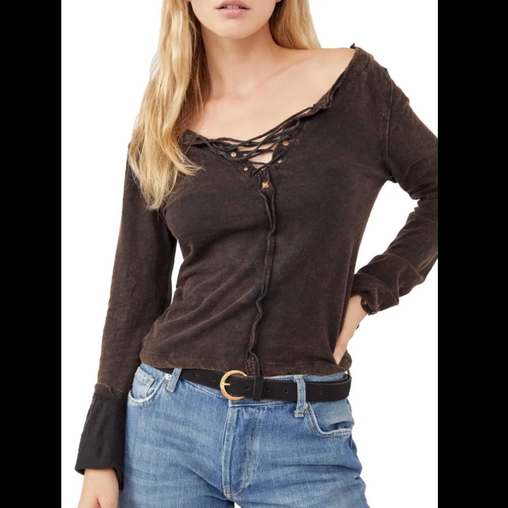 Free People Into the Night Lace-Up Cotton T-Shirt